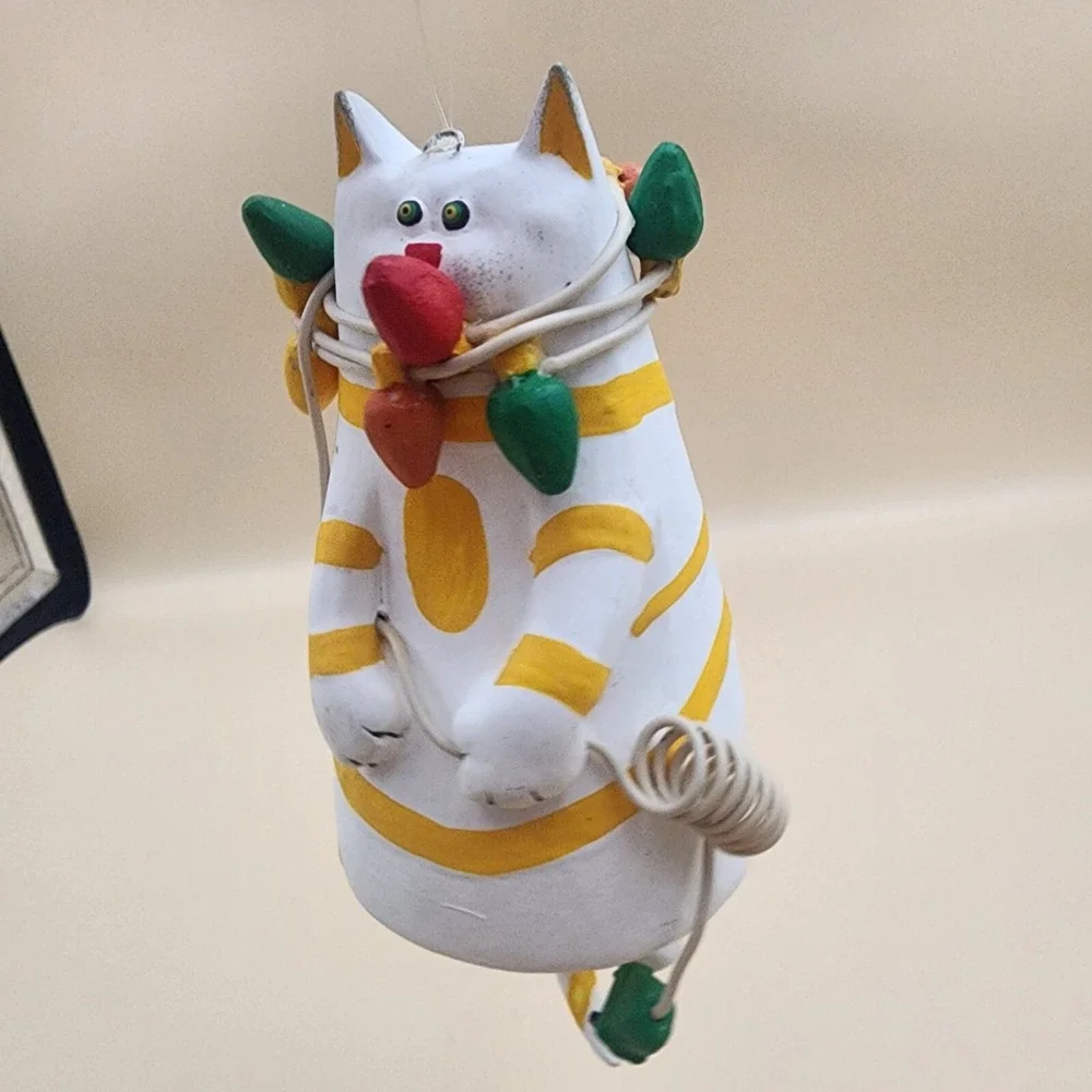 Tabby Cat Tangled‎ In Christmas Lights Ornament Legs Tail Movable Bell Like